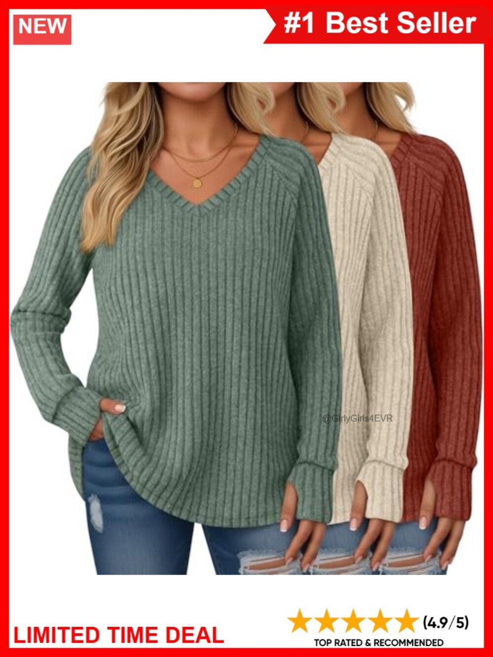 Plus Size Tunic Sweaters 3 Pack Ribbed Thumbhole Long Sleeve V Neck Loose Fit